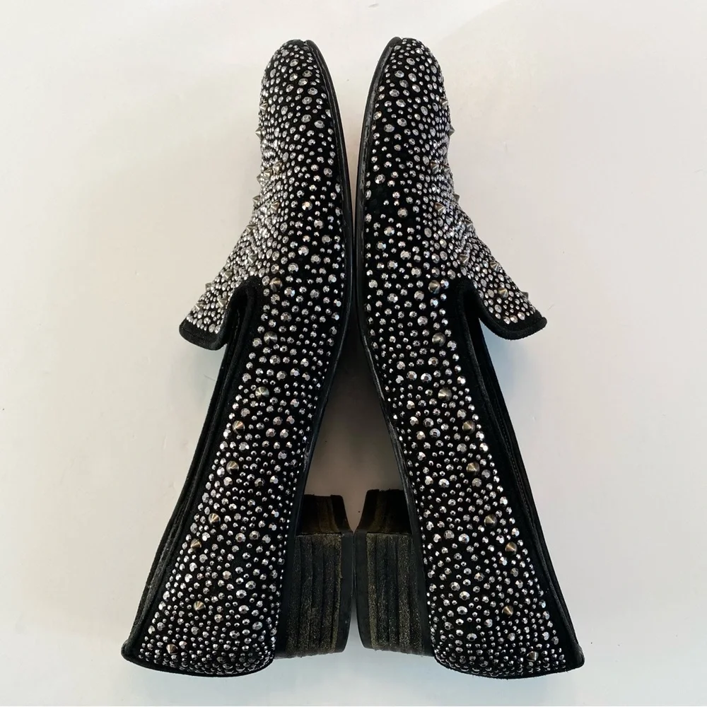 Stuart Weitzman Slipbead Studded Stud Loafer Smoking Slipper Black Silver Sz 8